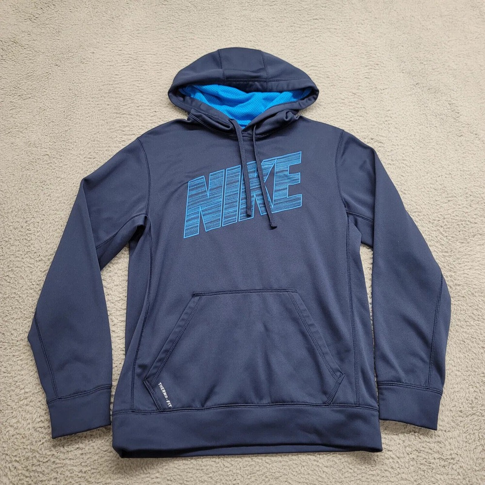 Nike Hoodie Mens Small Blue Therma-Fit Spellout Logo Pockets Casual Outdoors